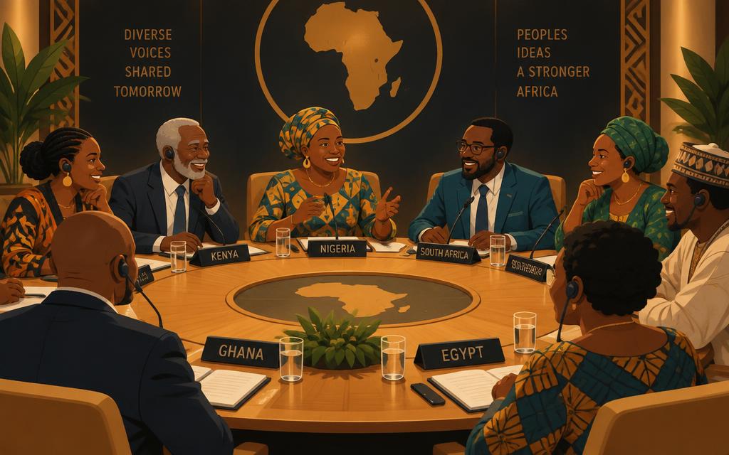 People seated around a conference table with earpieces